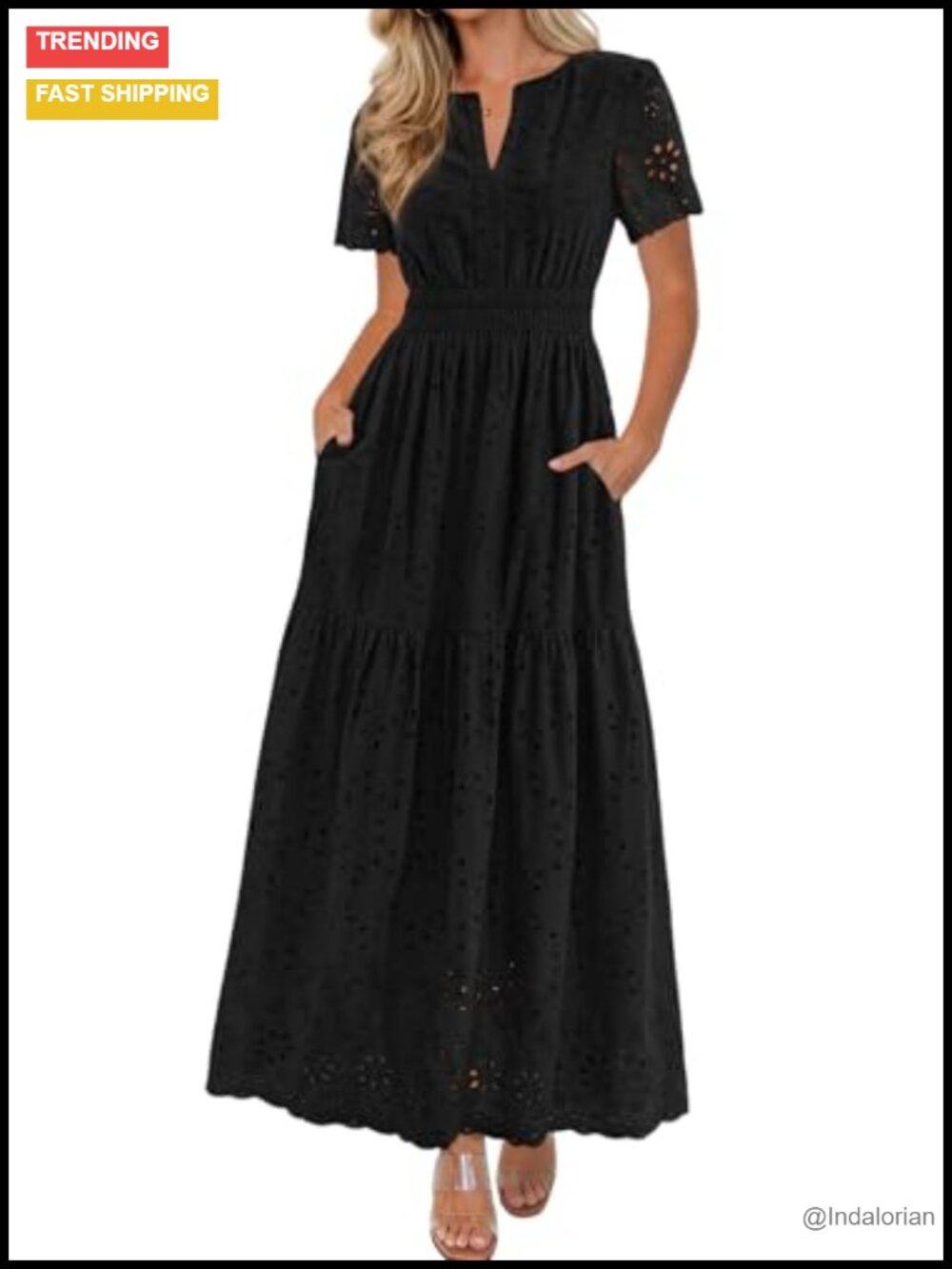 Womens Summer Maxi Dress Short Sleeve V Neck Cotton Hollow Out A Line Beach